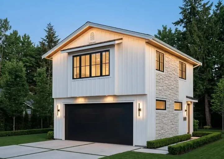White carriage-house garage suite with a black garage door and a living suite above