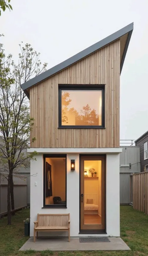 Narrow two-storey laneway home with a cedar-clad upper floor, a shed roof and a glass front door